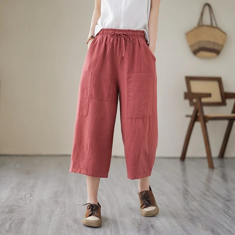 Pantalon à jambes larges en coton et lin pour femmes, taille élastique fine, amincissant, décontracté, ample, Tube droit, pour les déplacements, été