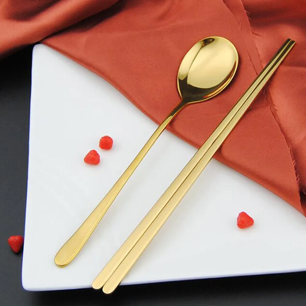 4 Sets Cutlery Chinese Chopsticks Dinner Spoons Stainless Steel Korean Metal Silverware Utensils