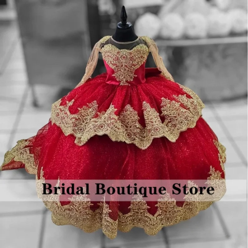 

Red and Gold Applique Flower Wedding Long Sleeves Girls Pageant Ball Gowns Luxury Birthday Party Dress Customized