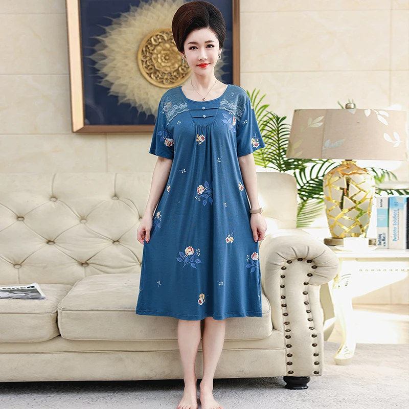 Elegant Floral Women Modal Cotton Long Nightgowns Sleepshirts Summer Home Dress Sleepwear Comfortable Nightdress Indoor Clothing