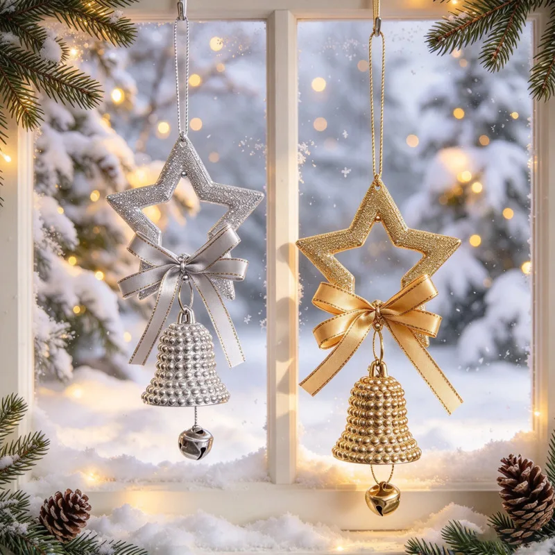 Star Hanging Bells Bow Jingle Bell Pendant Christmas Tree Door Handle Window Holiday Decoration Home Party Hanging Ornament