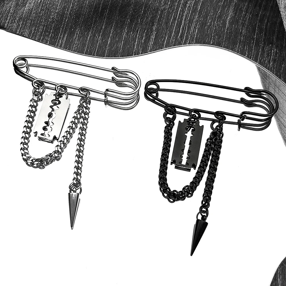 

Vintage Punk Razor Blade Spike Tassel Chain Brooch Pins For Women Men Silver Color Hip Hop Chain Brooches Clothes Jewelry Gift