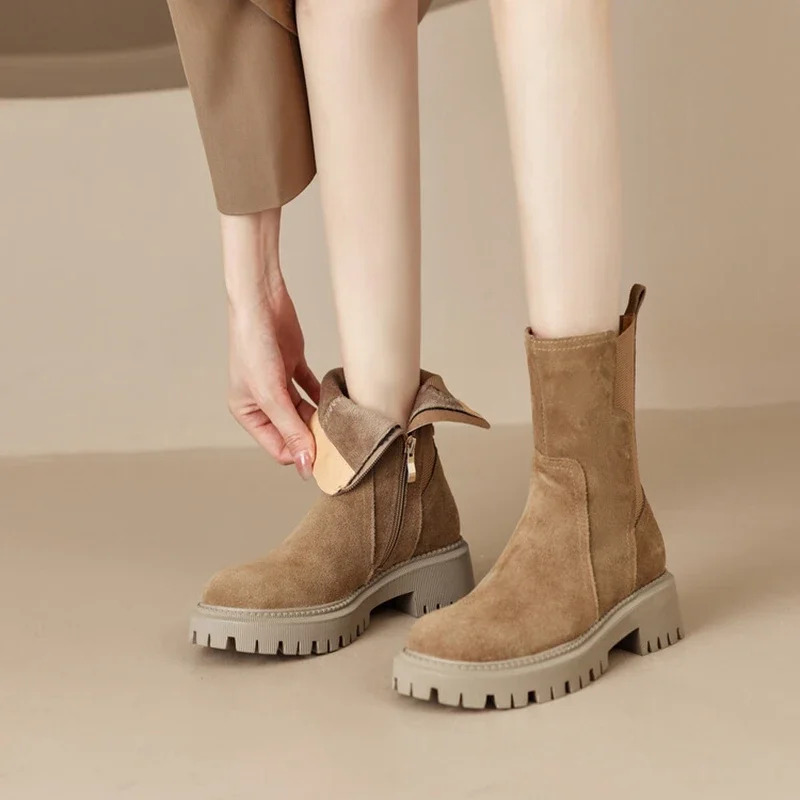 NEW Autumn Shoes Women Chelsea Boots Round Toe Thick Heel Short Boots Cow Suede Boots for Women Winter Platform Shoes for Women