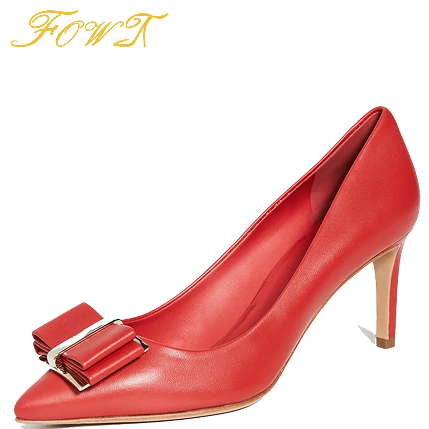 

Butterfly-Knot Vegan Women Basic Red Pumps Stiletto Slip-on Adult Pointed Toe Mature Ladies Shoes Solid Plus Size 11 15 FOWT