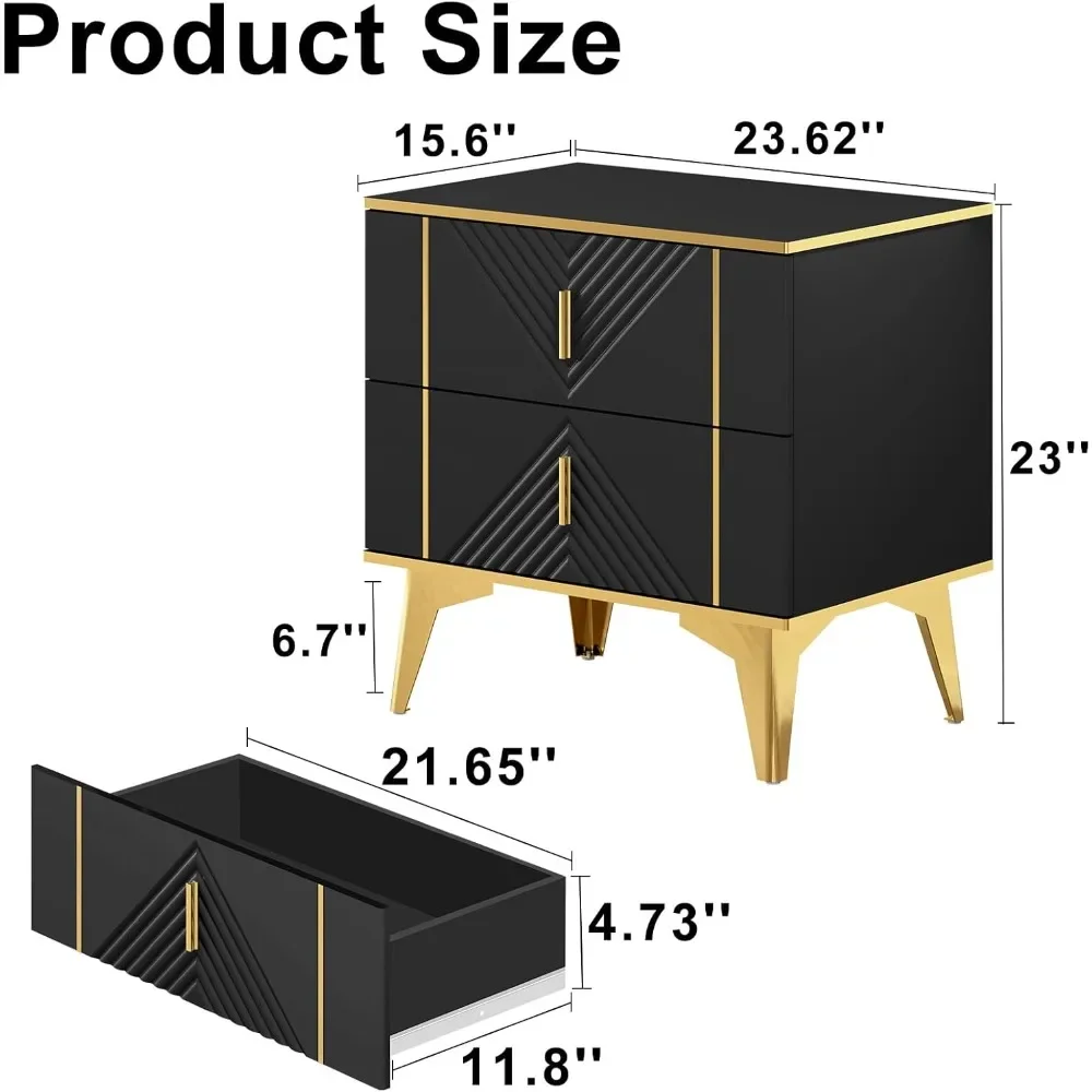 Set of 2 with 2 Drawers, Wooden Side Table with Triangular Embossed Metal Handle Legs 23.62