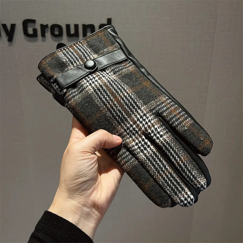 

Gloves Men Plaid Wool Touch Screen Leather Winter Business Driving Fleece Lined One Size