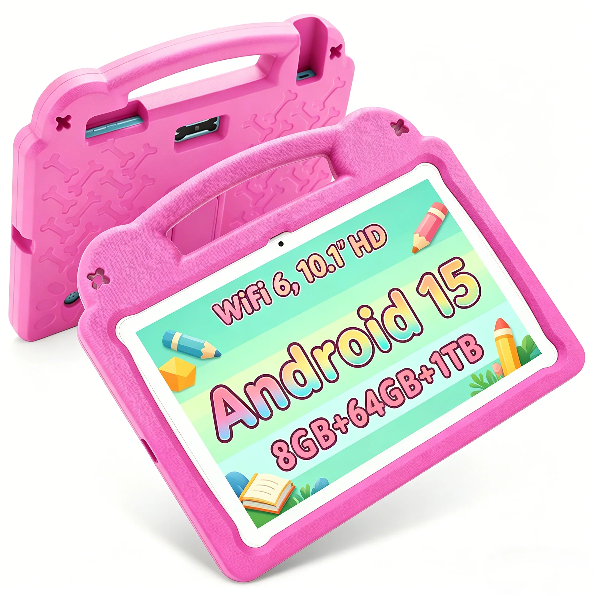 Android 15 Kids Learning Tablet 10.1 Inch 8GB+64GB Expandable 1TB WiFi 6 Eye Care Parental Control Anti Fall Case For Boys Girls