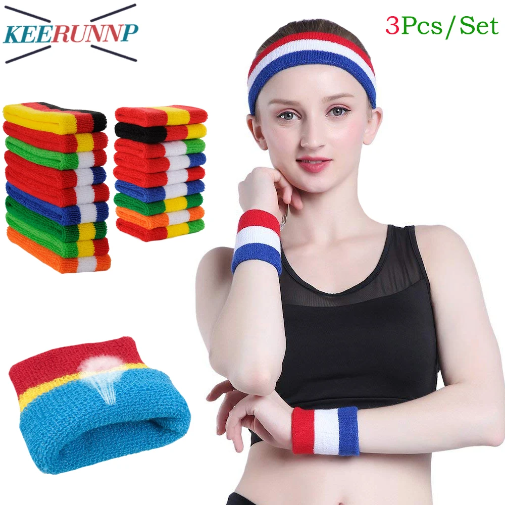 3Pcs/Set Sweatband Set - Sports Headband Wrist Cotton Striped Sweatbands Wristband Athletic Exercise Basketball Wrist Sweatband