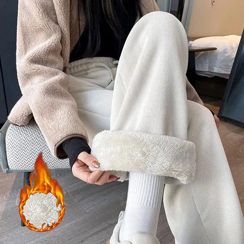 Heißer Verkauf Winter Frauen Hohe Taille Thermische Hosen Mädchen Plüsch Beiläufige Gerade Bein Hosen Dame Koreanische Feste Fleece Hosen