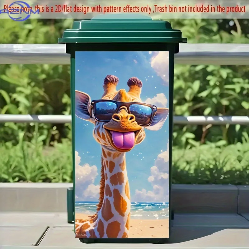 2D Flat Printing 1pc Trash Can Sticker  Fun Beach Giraffe Tongue-Out Theme Design Self-Adhesive Wallpaper Decoration Suitable