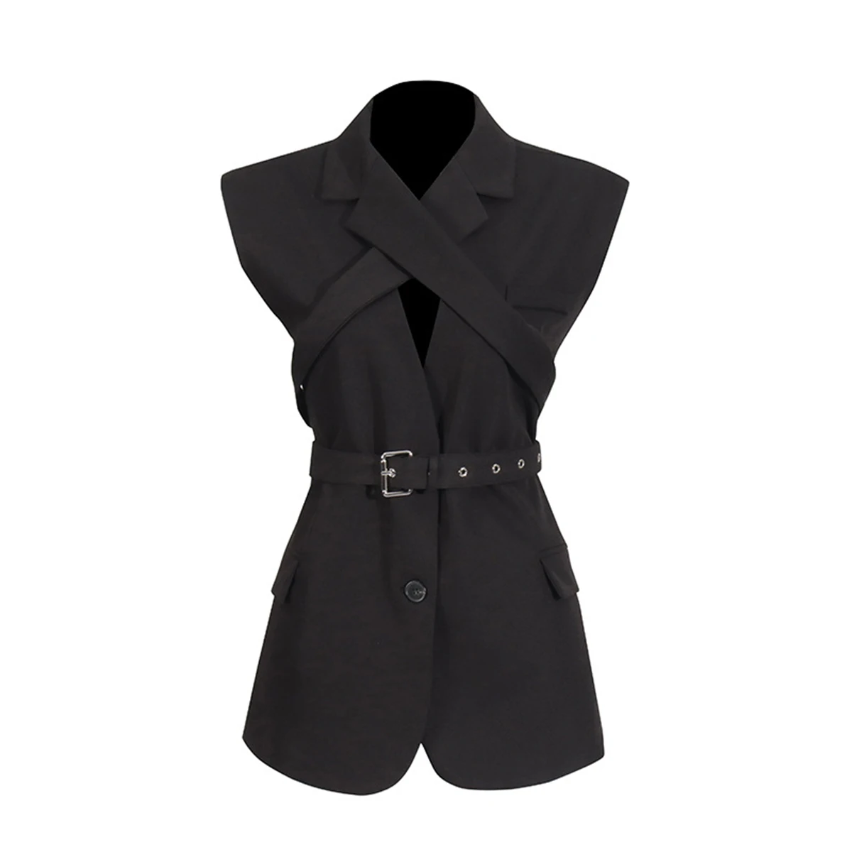 Women's Sleeveless Blazer Vest Solid Spliced Belts Cross-Front Design Waistcoats Professional Tunic Female Suit Jacket