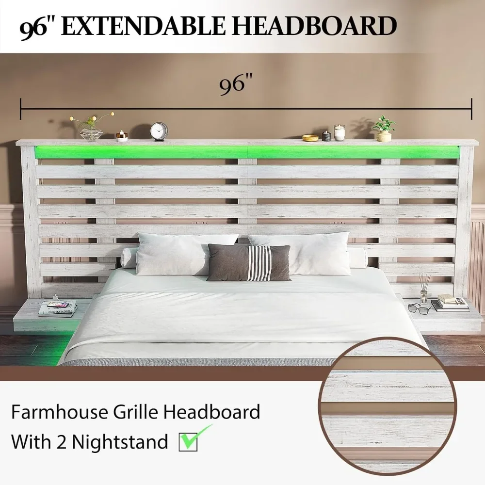 Queen Size Floating Bed Frame, Luz LED, Estação De Carregamento, Plataforma De Madeira, Cama com Cabeceira Estendida, Nightstands