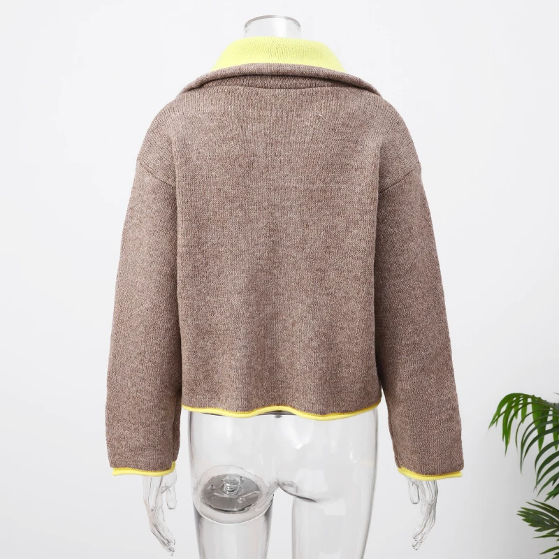 Women Fashion Contrasting Knitted Cardigan Elegant Long Sleeve Pockets Zipper Sweater 2026 Spring Street Lady Chic Outwear image 6