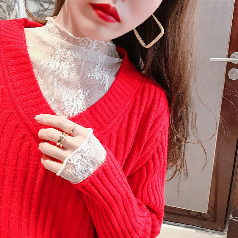 White Half High Collar Lace Bottomed Blouse Women Summer Thin Style With Wooden Ears Large Sexy Wispy Empty Mesh Fashion Tops