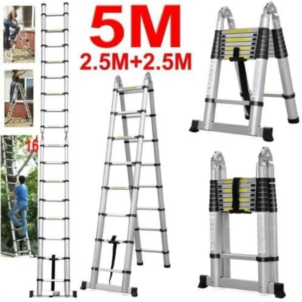Scala telescopica in alluminio con telaio ad A con stabilizzatore, 16,5 piedi, piedini in gomma, supporta fino a 330 libbre, scala di estensione per carichi pesanti