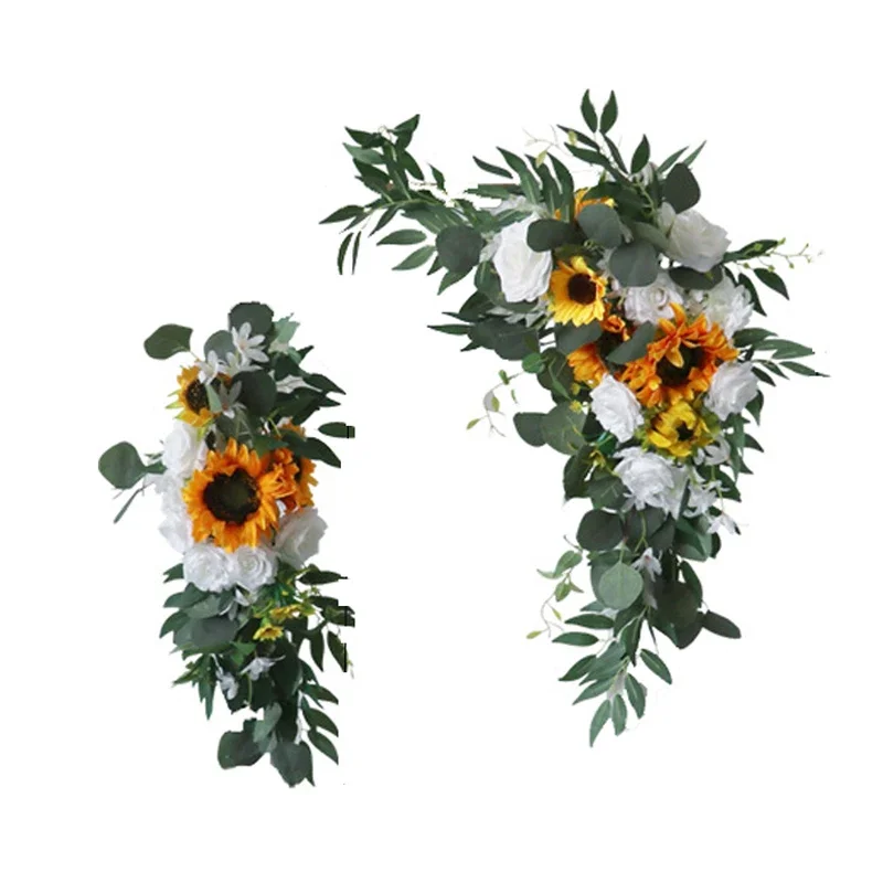 2pcs/set Sunflower Wedding Arch Backdrop Decor Welcome Sign Corner Flower Wall Hanging Artificial Flower Row Arrangement Party