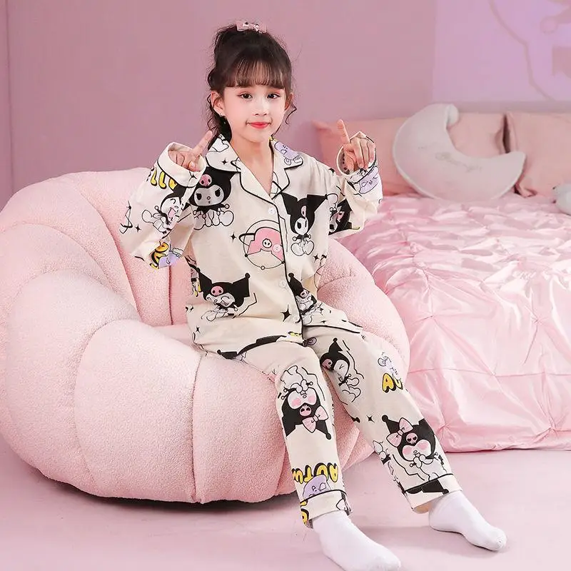 Hot Pajama Set Sanrio Kuromi Hello Kitty Children Pajamas Spring and Autumn Cotton Material Girl Kawaii Cartoon Lovely Fashion