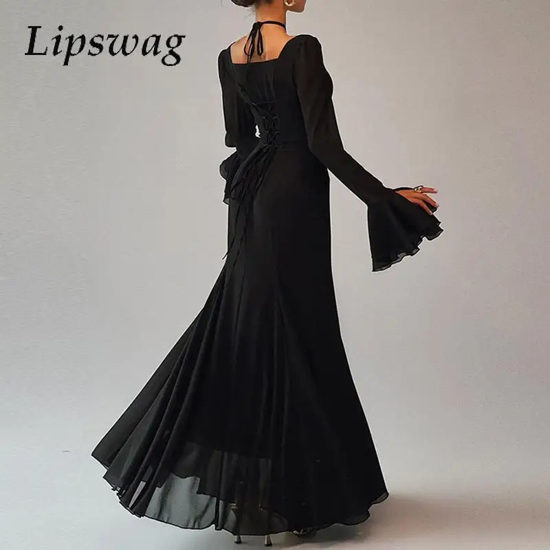 

2024 Elegant High Waist Full Length Dress Sexy Slash Neck Halter Evening Dress Women Casual Flare Long Sleeve Solid Party Dress