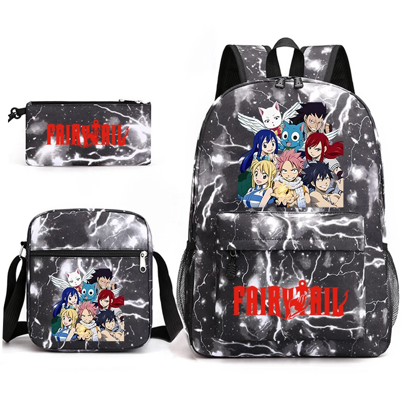 フェアリーテイルアニメスクールバッグセット子供用ティーン向けバックパックショルダーバッグとペンケースかわいいブックバッグ学生用
