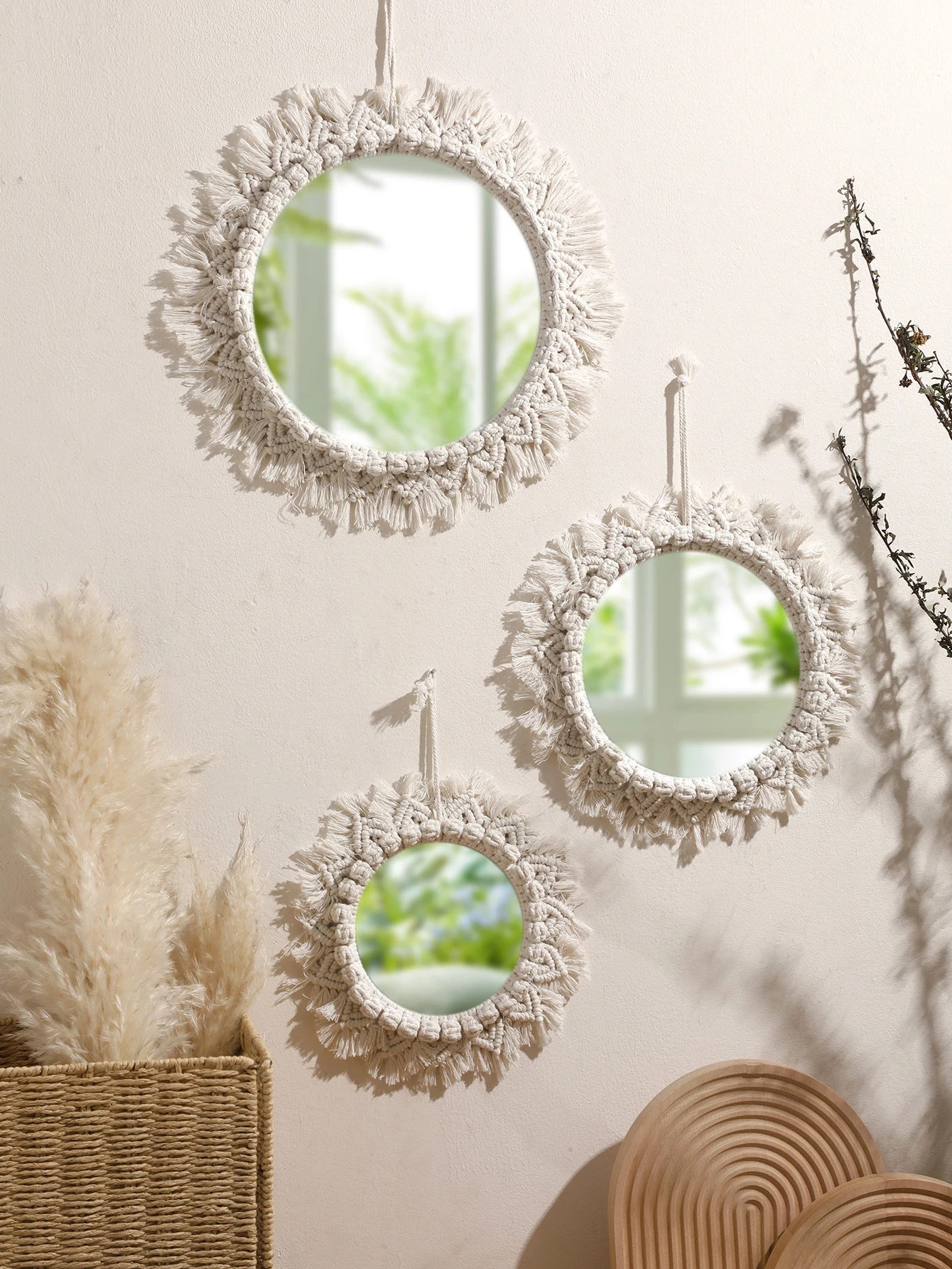 Boho hand gewebte Makramee dekorative Spiegel Wandbehang Wohnkultur nordisches Schlafzimmer Wohnzimmer Wandteppich Handwerk Dekor