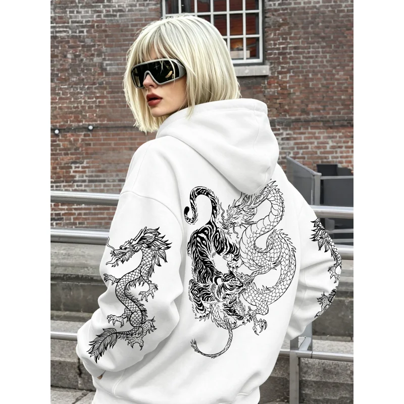 Vintage Hoodie im Drachen- und Tiger-Tattoo-Stil, Unisex, Harajuku Streetwear, Pullover mit Kapuze, Sweatshirt für Herren und Damen, lässige Oberteile – Detail 4