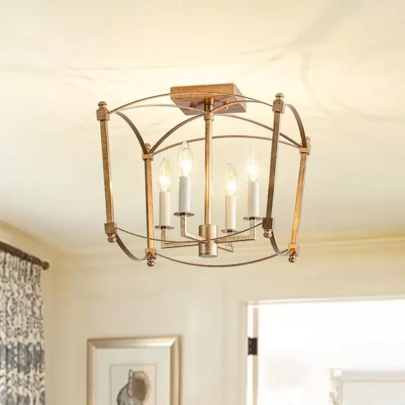 

Brass Gold Modern Farmhouse Semi-Recessed Lantern, Metal Ceiling Light for Kitchen, Hallway, Entrance, Bedroom