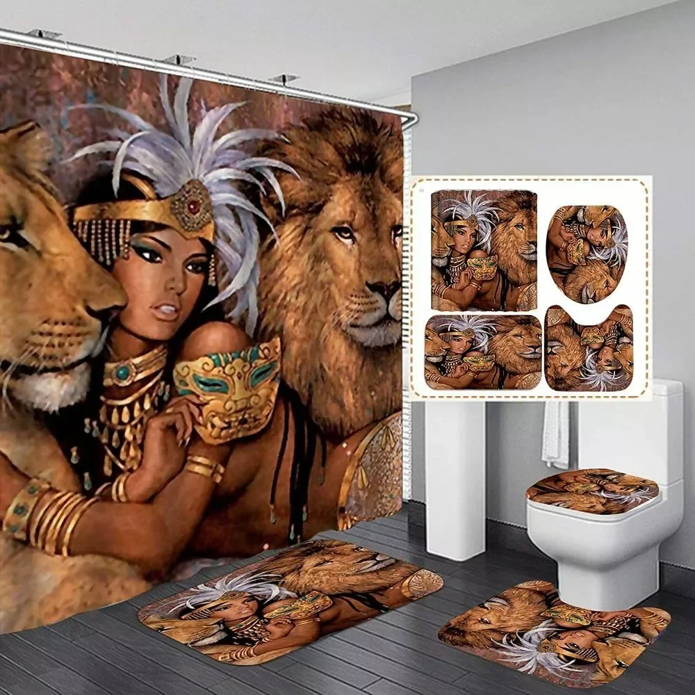 4Pcs African Woman and Lions Shower Curtain Sets 3D Printing Non-Slip Bath Rugs