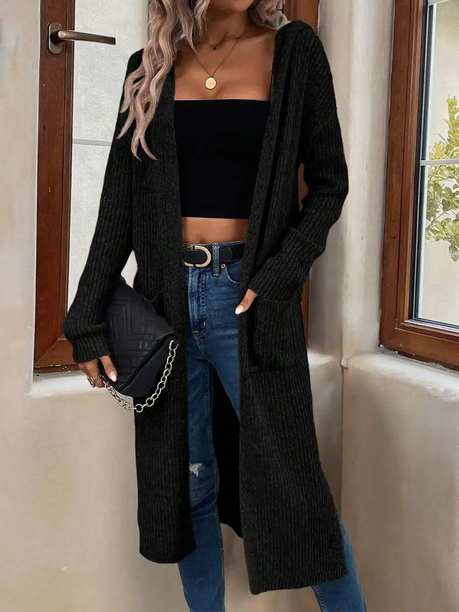 듀얼 포켓 스플릿 헴 후드 더스터 가디건, 긴 소매 탑 가을 겨울 여성용 의류