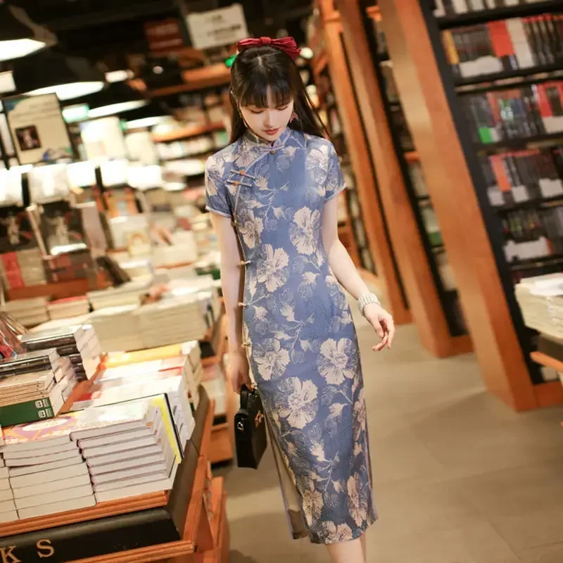 

Women Chinese Style Dress Cheongsam Retro Elegant Blue Qipao Cheongsam Plus Size 3XL Vestido China Summer Clothing Qipao