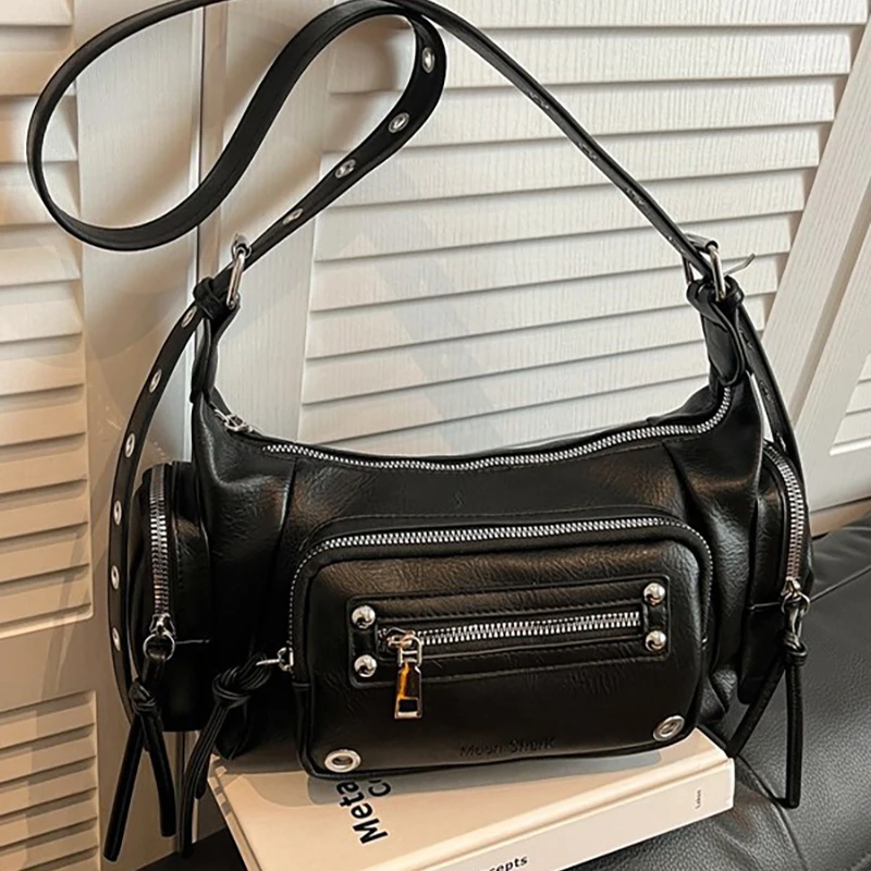 

Retro Motorcycle Bag Women Multifunctional Large Capacity Shoulder Crossbody, Multi Pocket Zipper Underarm Handbag For Commute