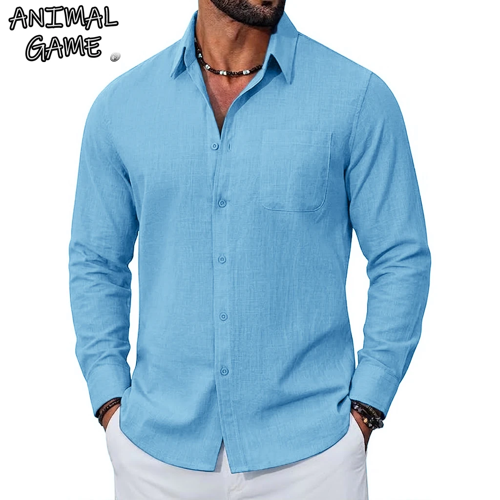 New Men's Long Sleeve Linen Shirts Luxury Breathable Cotton TShirts Elegant Men's Shirts Summer Hawaiian Tshirt Lapel Button Tee