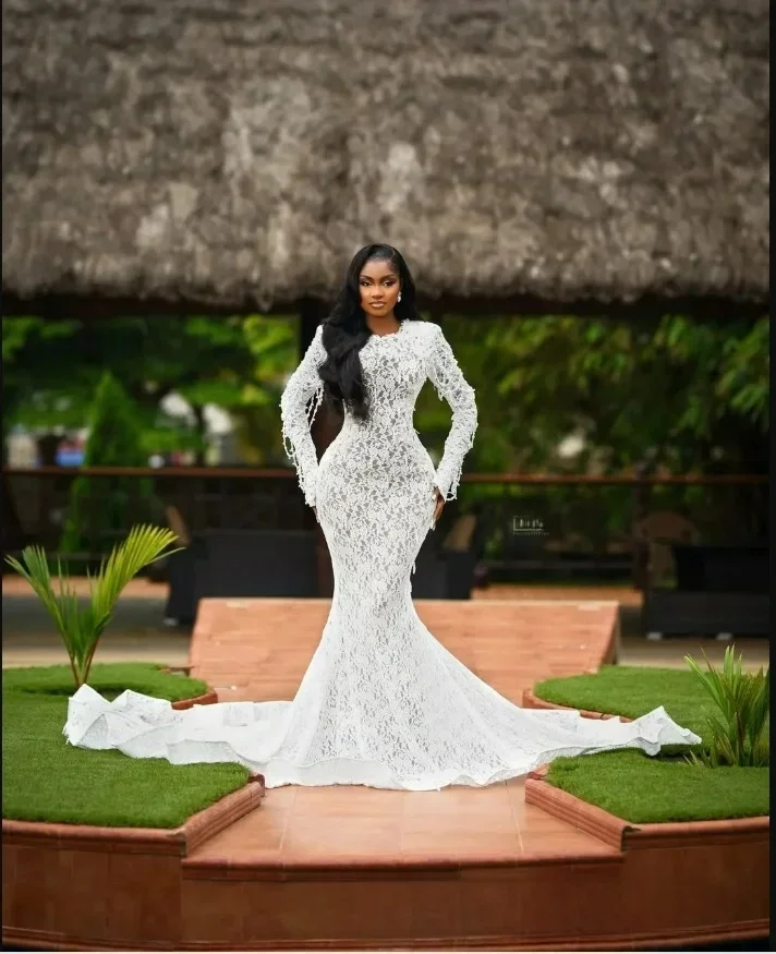 Customized  Elegant Lace Pearls Country Mermaid Wedding Dress Sweep Train Robe De Mariee Luxe Vintage Long Sleeves   Bridal Gown