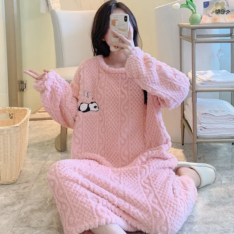 2023 Winter Plus Size Long Sleeve Thick Warm Flannel Nightgowns for Women Korean Loose Sleepwear Night Dress Nightdress Nighty