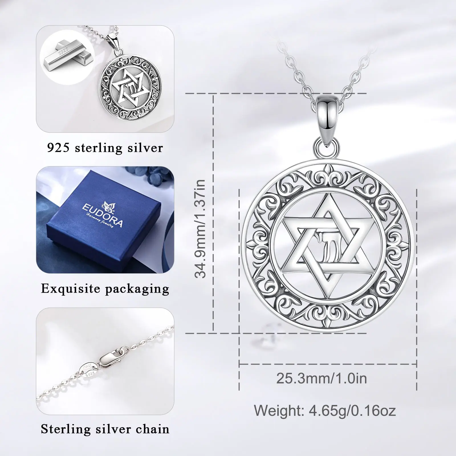 Eudora 925 Sterling Silver Star of David Pendant for Women Man Vintage Hexagram Amulet YHWH Necklace Religion Jewelry Fine Gift