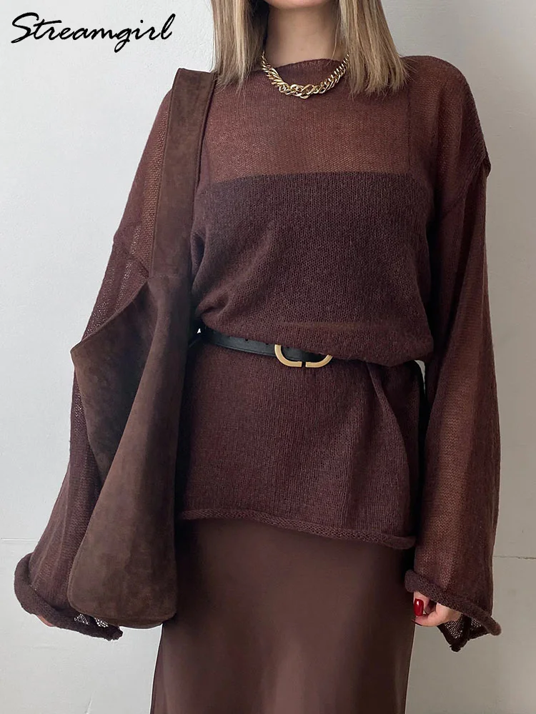 

Women Summer Oversized Transparent Sweater Brown Loose Thin Pullover Seethtough Tops Long Sleeve Knit Hollow Out Sweaters Pink