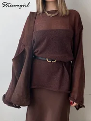 Women Summer Oversized Transparent Sweater Brown Loose Thin Pullover Seethtough Tops Long Sleeve Knit Hollow Out Sweaters Pink