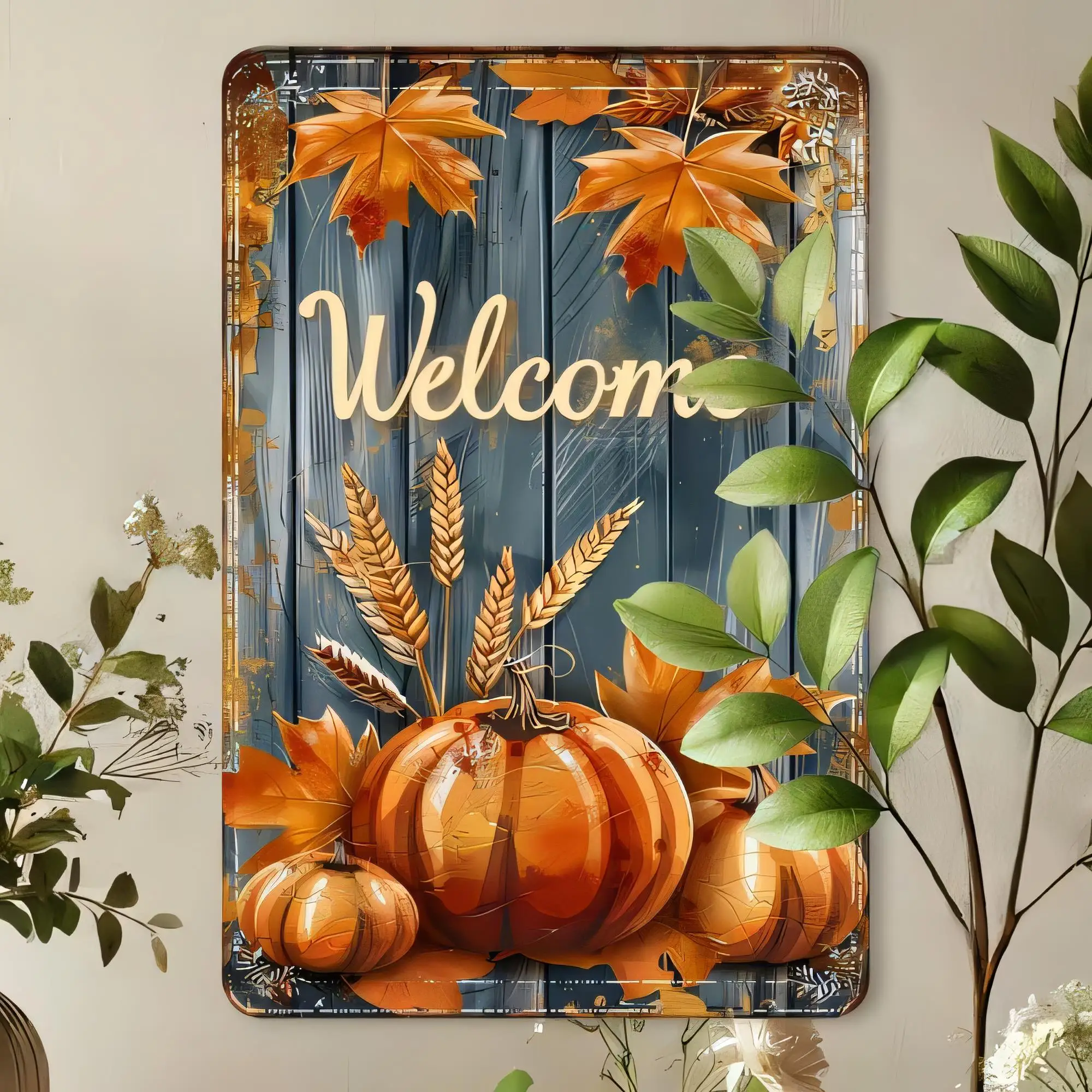Tin Sign Welcome Fall Pumpkins Metal Wall Art Rustic Autumn Welcome Plaque Vintage Harvest Decor for Home Kitchen Bar Living Roo