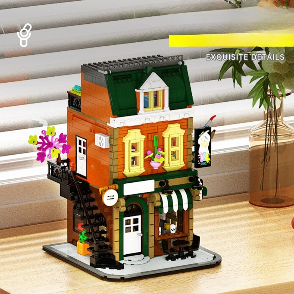 MOC コーナーカフェショップビルディングブロックセット現代のプライベートコーヒーハウスストア建築おもちゃ子供のための誕生日ホリデーギフト