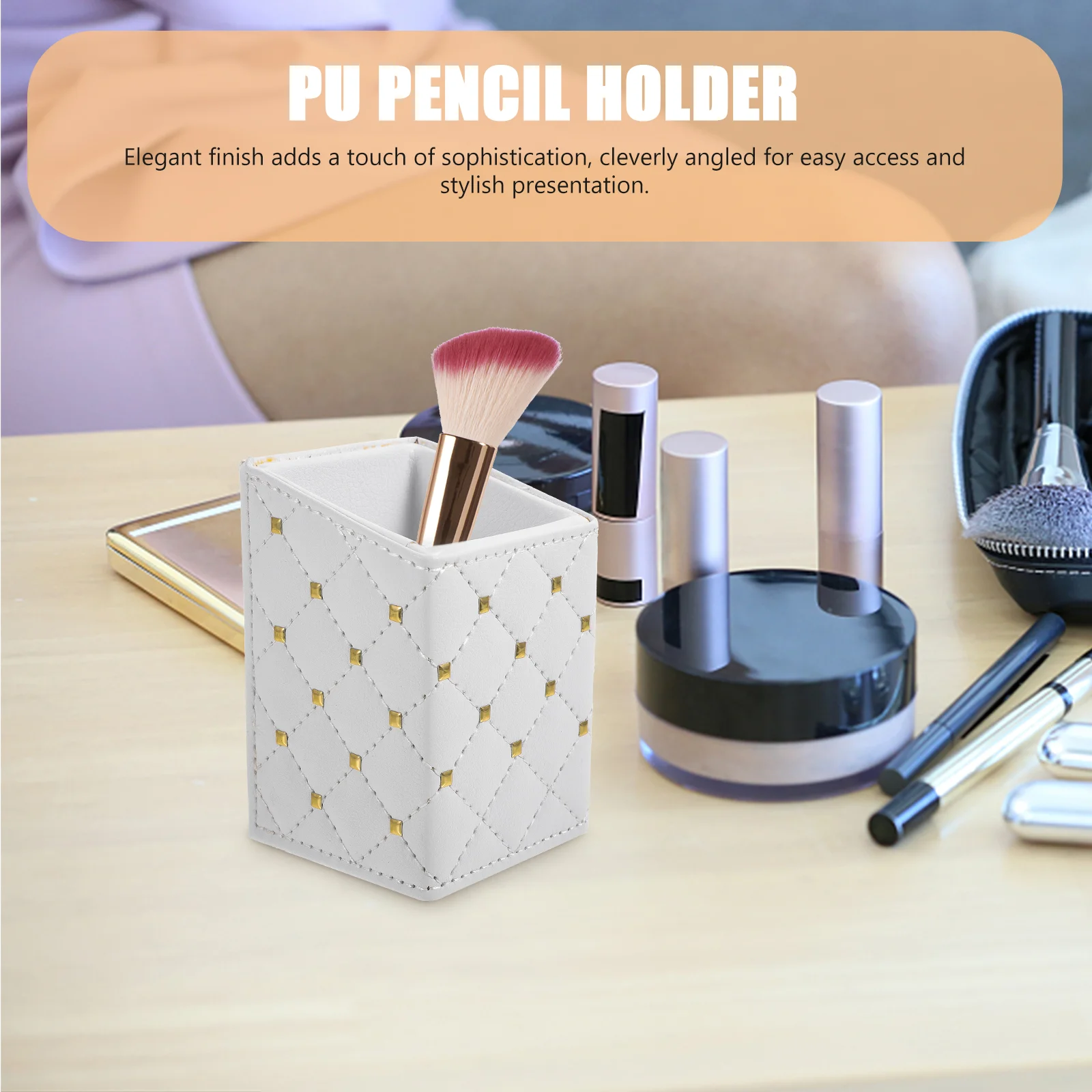 Marble Storage Bucket Silver Manicure Pen Holder White Desk Pu Pencil Office