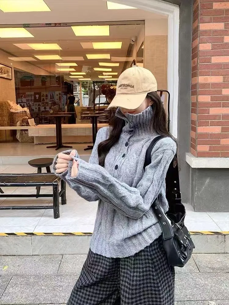 Loose Women's High Collar Sweater Autumn Winter Knitted Wear Sweet Sle Ci Walk Polyester Fiber Long Sve Thiened Inne...