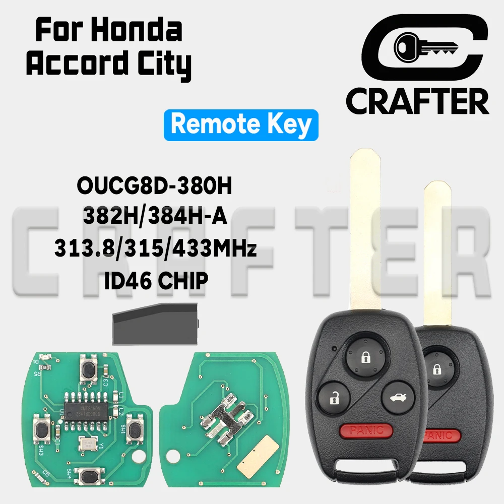 

Key Crafters OUCG8D-380H/382H/384H-A 313.8/315/433MHz ID 46 Remote Car Key For Honda CIVIC Accord CR-V Pilot Odyssey