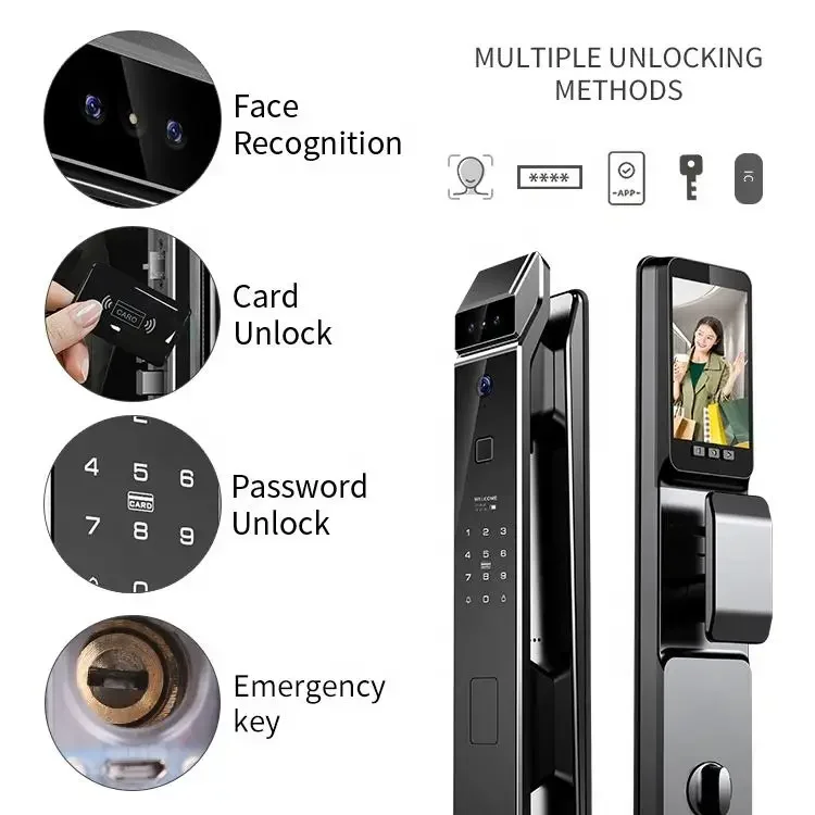 Smart Keyless Digital Door Lock, Tuya App, Função de Video Call, Reconhecimento Facial, Wi-Fi, 3D