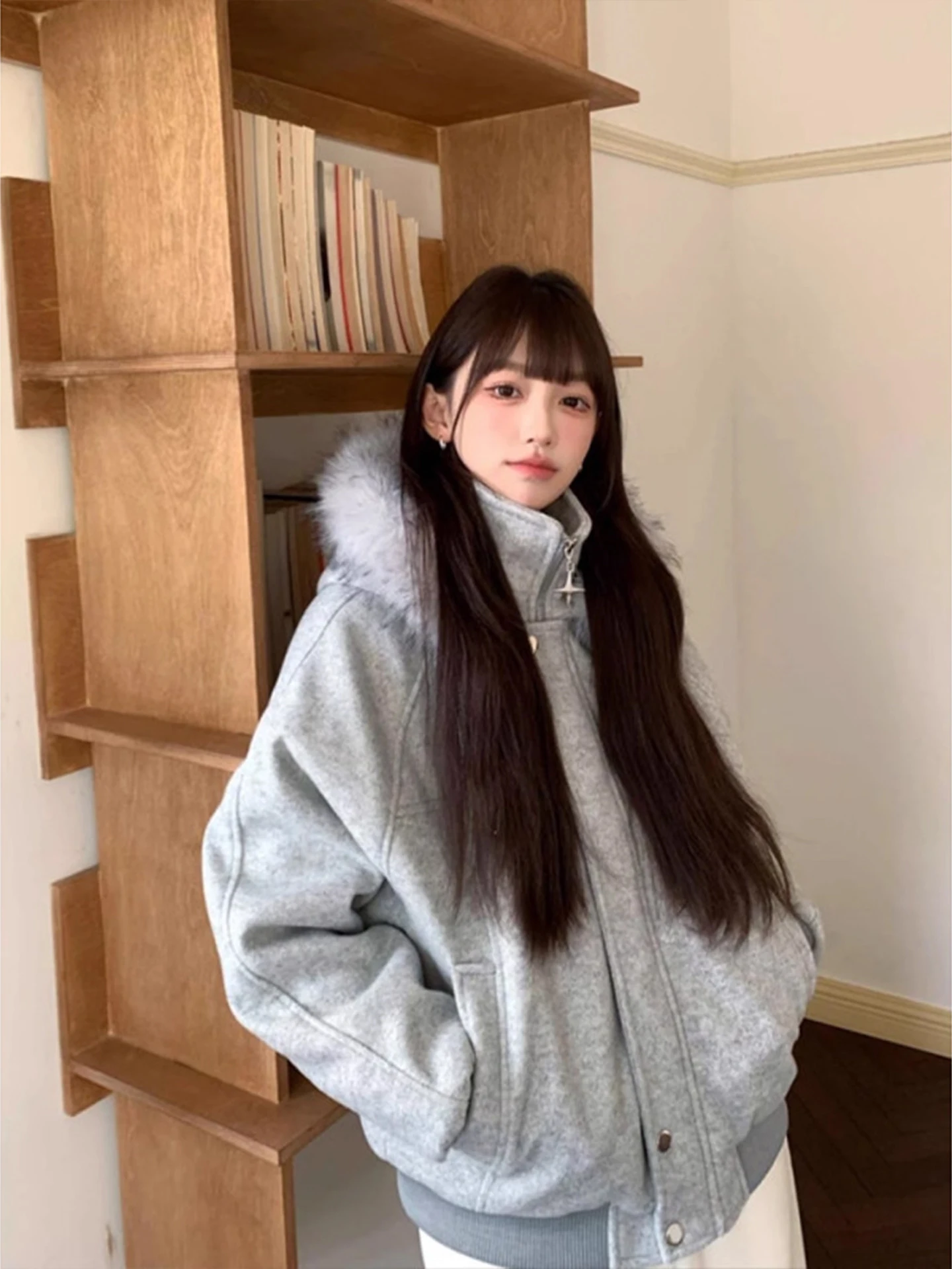 Retro American Woolen Hooded Cotton Jacket Men's Winter Thick Warm Fur Collar Splicing Casual Cotton Coat for Couples