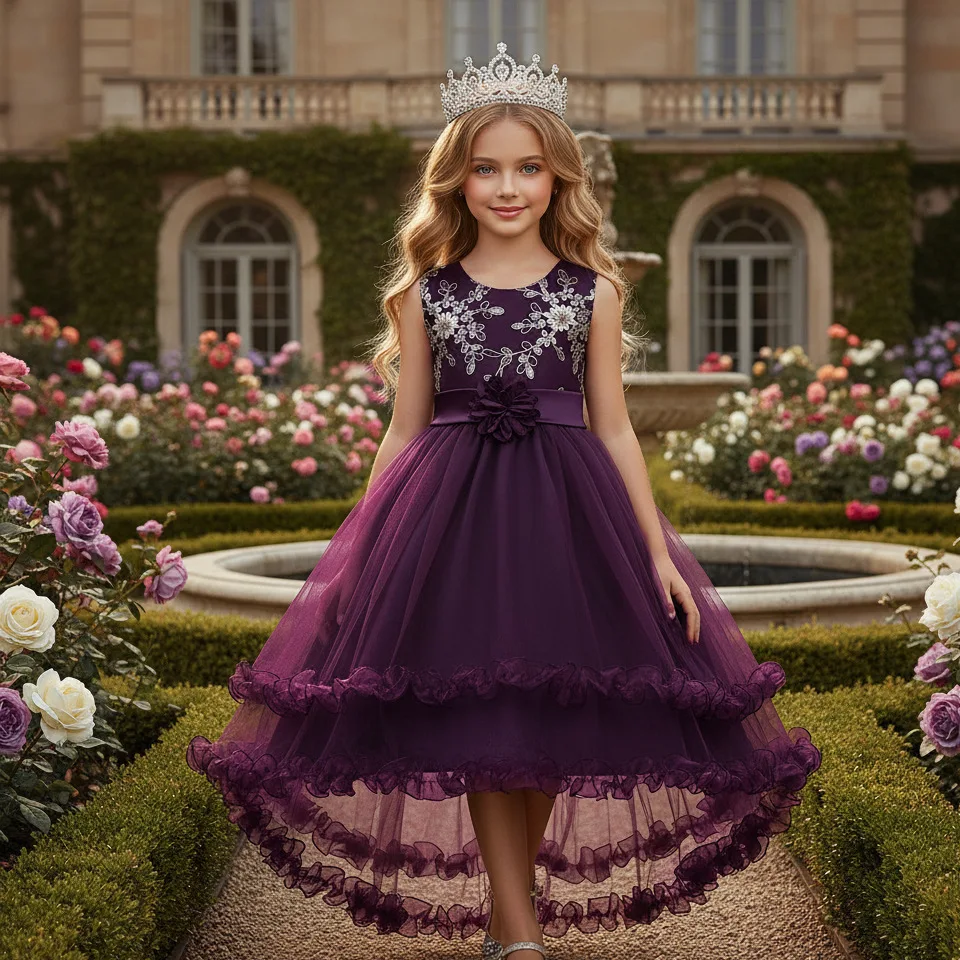 Vintage Satin Flower Girl Dress Sleeveless Lace Applique 3D Flower Waist Ruffle Tulle High Low Train Kids Birthday Pageant Gown
