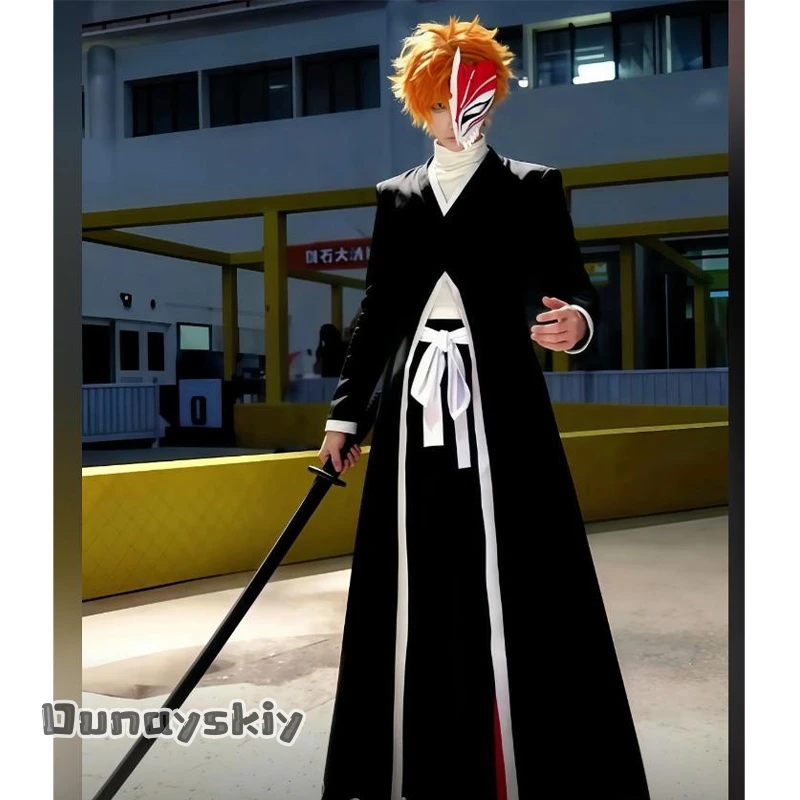 Костюм для косплея Ичиго Куросаки CR6.18*Bleach: черное длинное пальто-плащ, маска Hollow, парик, униформа. Аниме, манга.