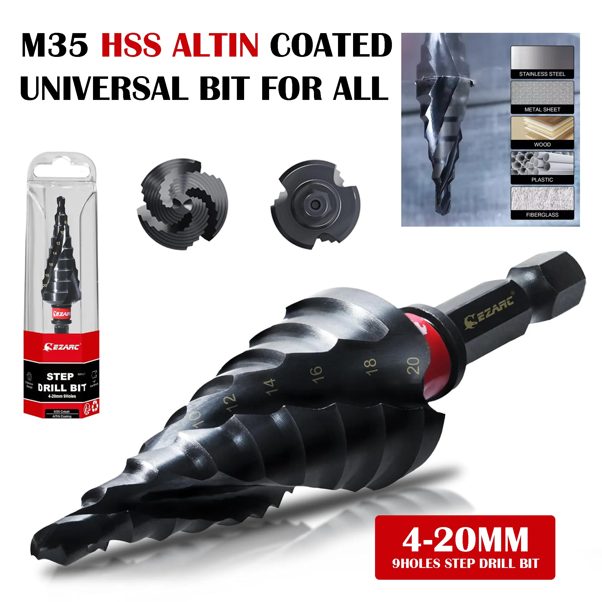 EZARC 4-20mm Step Drill Bit for Metal, M35 Spiral Flute Unibit Step Drill Bit 1PC, Wear-Resistant AlTiN Coated Universal Bit