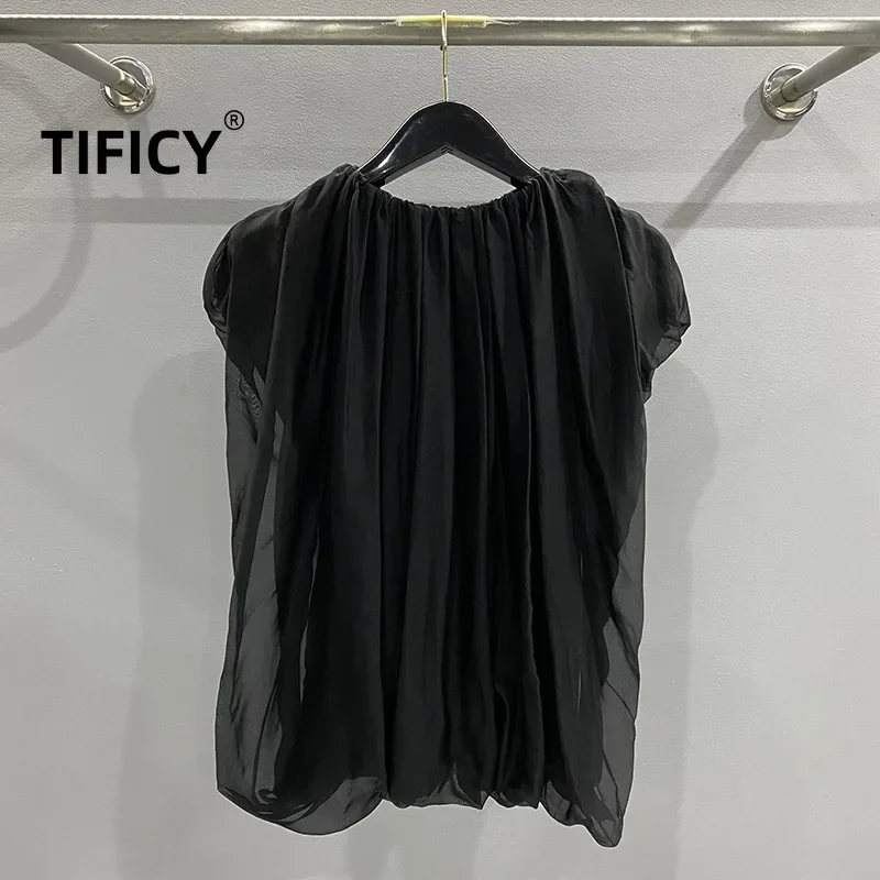 TIFICY High Street Tshirt Women's New Silk Summer Comfortable and Fashionable Double-layer Lantern Shaped Retro Dark T-shirt Top