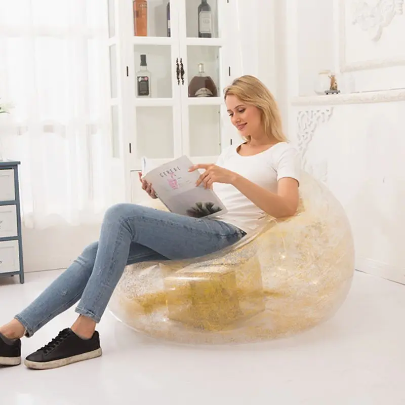 Transparent Sequins Inflatable Sofa Stool Chair for Adults, Indoor or Outdoor, Inflation Size 100x100x85cm, Bearing 100 kg