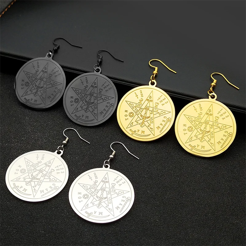 Witchcraft Gothic Gold Color Pentagram Hoop Earrings for Women Stainless Steel Original Tetragrammaton Solomon Amulet Jewelry view 3