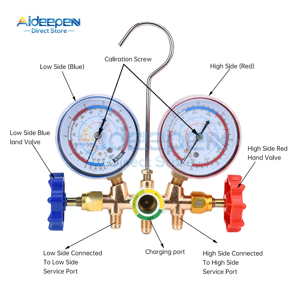 R410A R22 R134a R404A Manifold Gauge Set HVAC A/C Refrigeration Charging Service with Hoses Adjustable Couplers Adapter Can Tap